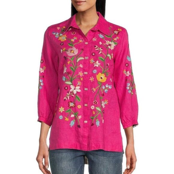 John Mark Tops - John Mark Embroidered Floral Linen Shirt 3/4 Sleeve Pink Multi Spring Summer New
